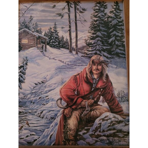 Vintage Mountain Man Trapper Winter Jonnie Kostoff Framed Print 20 X 16 - Picture 2 of 4
